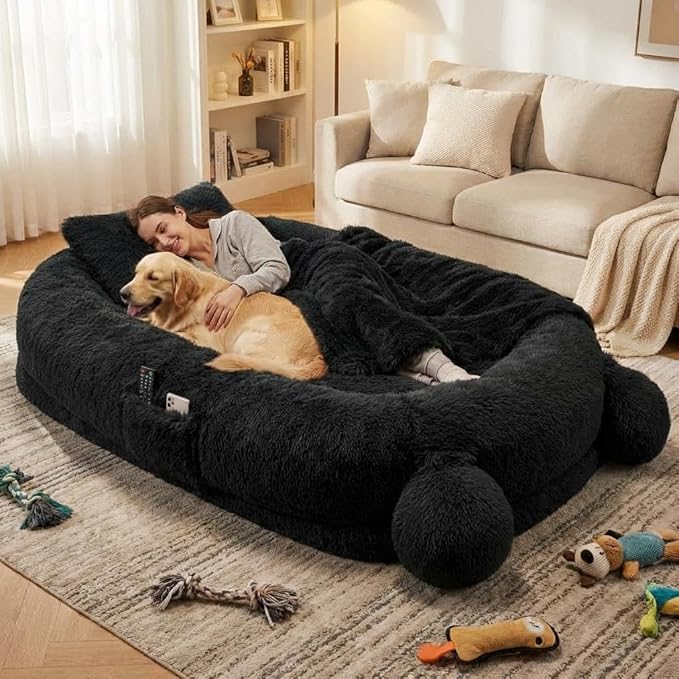 GarveeHome Human Sized Dog Bed, 71" x 45" x 12" Large Dog Bed with 2 Storage Pockets, Fluffy Faux Fur Orthopedic Pet Bean Bed for Adults & Giant Pets - Black