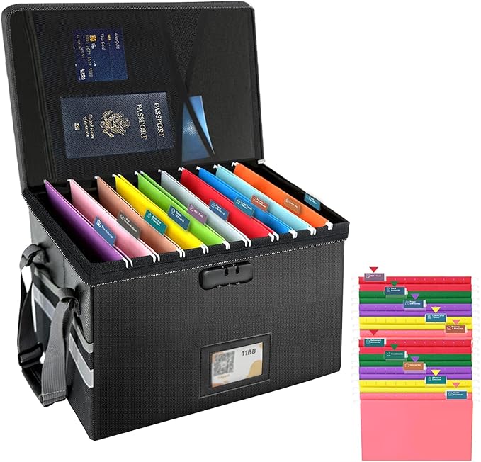 Large Next of Kin Box Organizer with Smart Labels, Fireproof Foldable File Organizer with Combination Lock, 10 Hanging Files and 20 Category Labels for Label Documents(15.7"L×12.2"W×10.6"H)