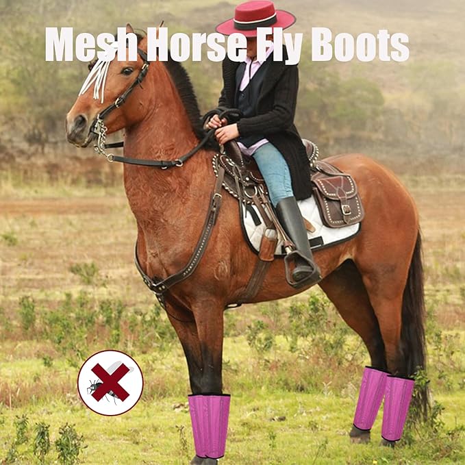Mesh Horse Fly Boots Set of 4, Breathable Loose Fitting Leggings for Horses, Reduces Stomping & Fatigue, Leg Fly Protection (Rose red)
