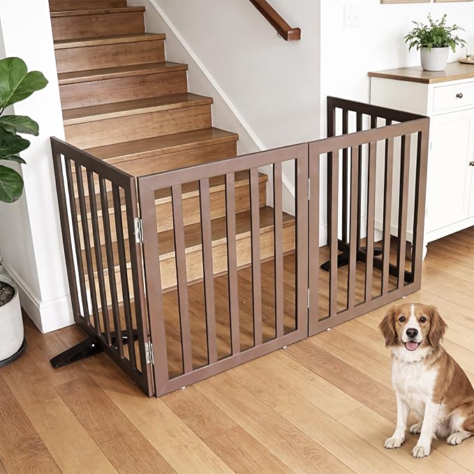 Dog Gate Indoor, Freestanding Dog Fence for The House, Doorways, Hallways,or Stairs,Pet Gate Foldable Wooden,Expandable 32" Height 6 Panels,Brown