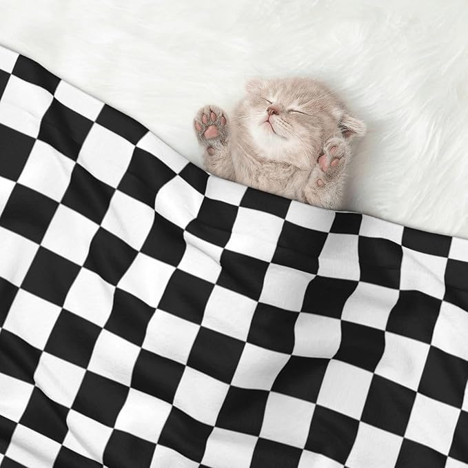 Two Sided Plush Pet Blanket for Crates Carriers Home Use, Black and White Checkered, Reversible Throw with Cozy Dot Fabric and Silky Reverse for Small Large Pets