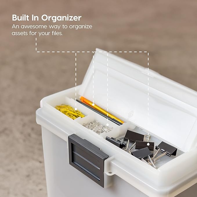 IRIS USA File Box WeatherPro Portable File Organizer Plastic File Box for Letter File w/ Organizer-Lid, Durable Lid and Seal w/ Secure Latching Buckles, Stackable and Nestable, Pearl 19 Qt. 1 Pack
