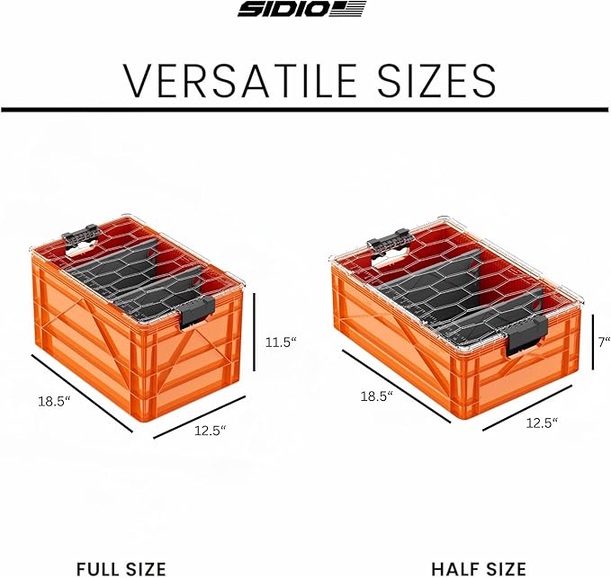 SIDIO CRATE Starter Pack - Two Full Size and One Half Size SidioCrate, Stackable Outdoor Organizer Storage Bins with Clear Lid and Dividers - Orange