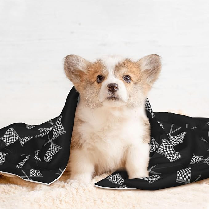 Double Sided Plush Pet Blanket for Small Large Animals, Checkered Racing Flag Black and White, Reversible Throw with Dimpled Dot Side and Flat Side for Kennels Living Rooms