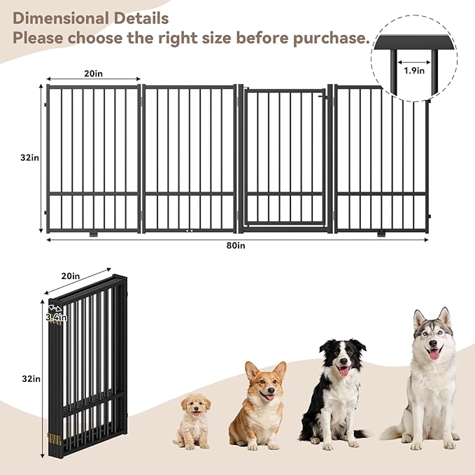 Full Metal Freestanding Dog Gate with Door, 32''Height Foldable Pet Dog Fence for Indoor & Outdoor, 4 Panels Extra Wide Free Standing TallDog Gates for Doorways,House,Stairs,Porch,Deck,Yard