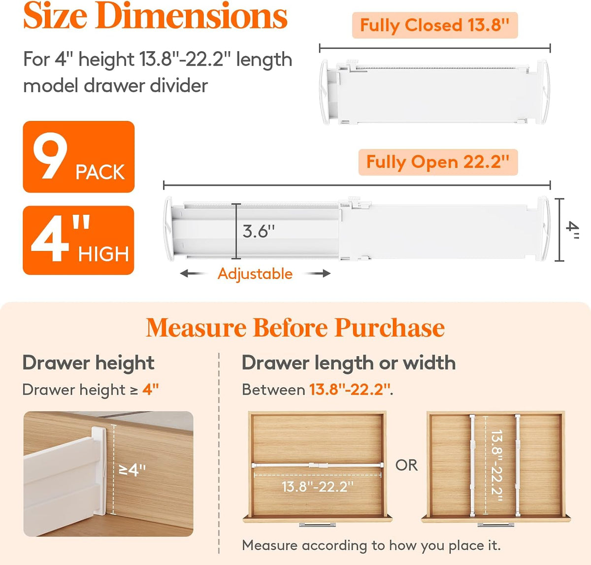 Lifewit 9 Pack 4" High Drawer Dividers, Adjustable Drawer Organizer Clothes