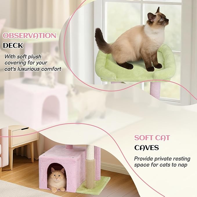 VINGLI Cat Tree, 27 inch Small Cat Tower with Scratching Post and Pad, Cat Condo for Indoor Kittens Padded Top Bed, Cats Indoor Activity Center (Pink & Green)