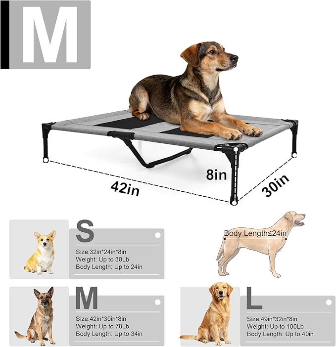 Raised Dog Bed Cooling Cot for Indoor Outdoor Use Portable Waterproof Mesh Pet Bed Washable for Large Medium Small Dogs, Grey