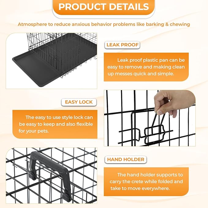 PayLessHere Large Dog Crate Kennel for Medium Large Dogs Metal Dog Cage Double-Door Folding Travel Indoor Outdoor Puppy Playpen with Divider and Handle Plastic Tray (42 Inch, Black)