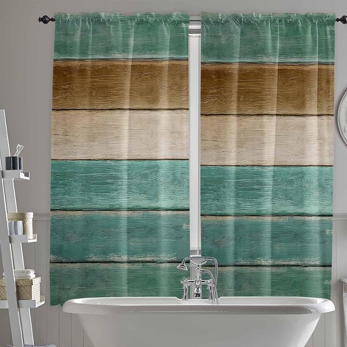 Vintage Plank Turquoise Brown Window Valance Curtains, Farmhouse Wood Grain