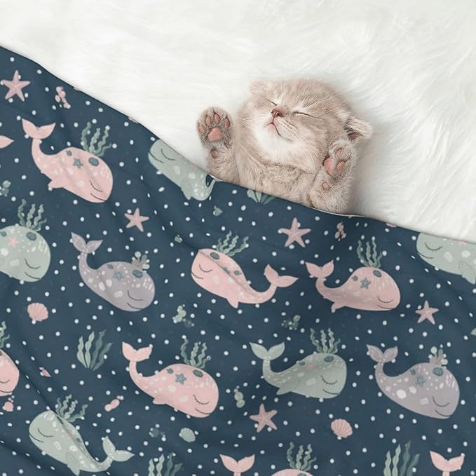 Double Sided Pet Mat for Dog Bed Topper Cat Blanket Furniture Protector, Cute Whales Mandala Blue, Reversible Plush with Tactile Dot Pattern for Style Change