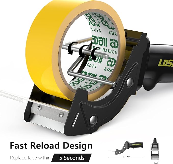 Rapid-Replace Packing Tape Dispenser Gun with Extra Blade, 2IN(50mm) Lightweight Ergonomic Industrial Handheld Heavy Duty Tape Cutter for Carton, Packaging and Box Sealing, Black