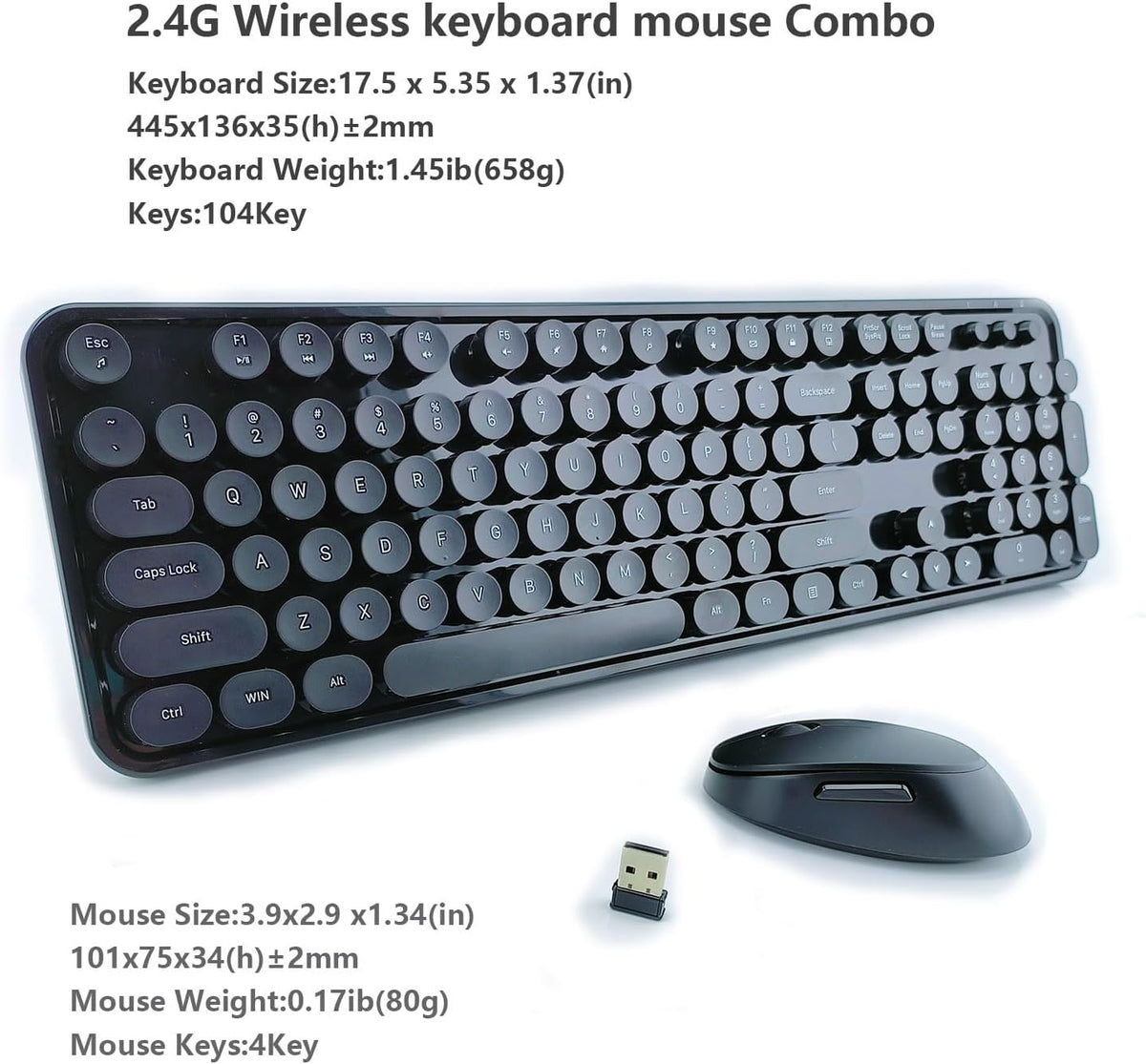 Wireless Keyboard and Mouse Combo, Retro Style Keyboard with Round Keycaps, 2.4GHz Dropout-Free Connection Mouse with 3 Adjustable DPI for Windows Notebook PC (Black)