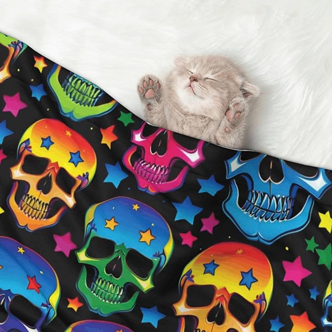 Double Sided Pet Mat for Dog Bed Topper Cat Blanket Furniture Protector, Colorful Stars Neon Skulls, Reversible Plush with Tactile Dot Pattern for Style Change