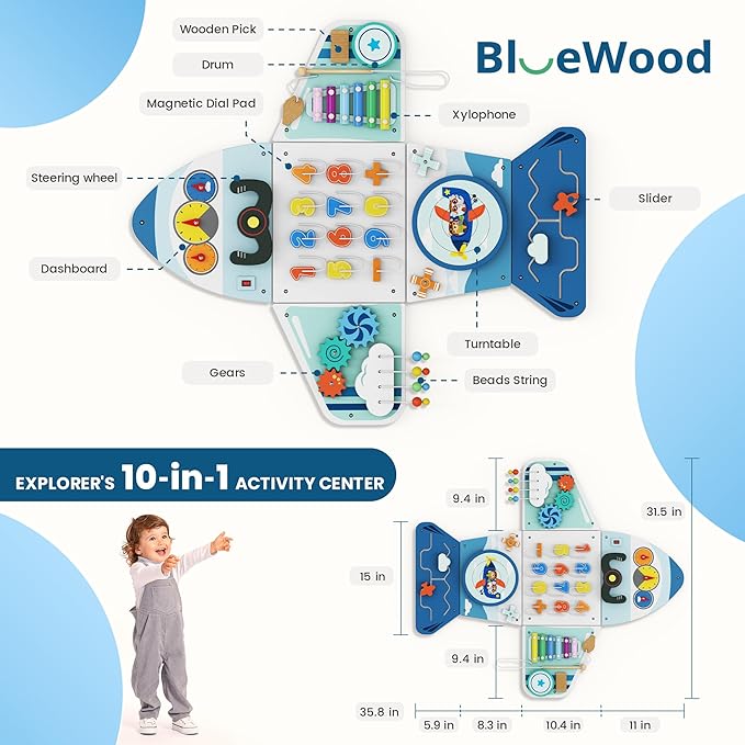 BlueWood Wooden Wall Busy Board Panels, Toddler Learning Activity Center, Montessori Philosophy Sensory, Educational Toys, Conducive to All-Round Development - Aircraft