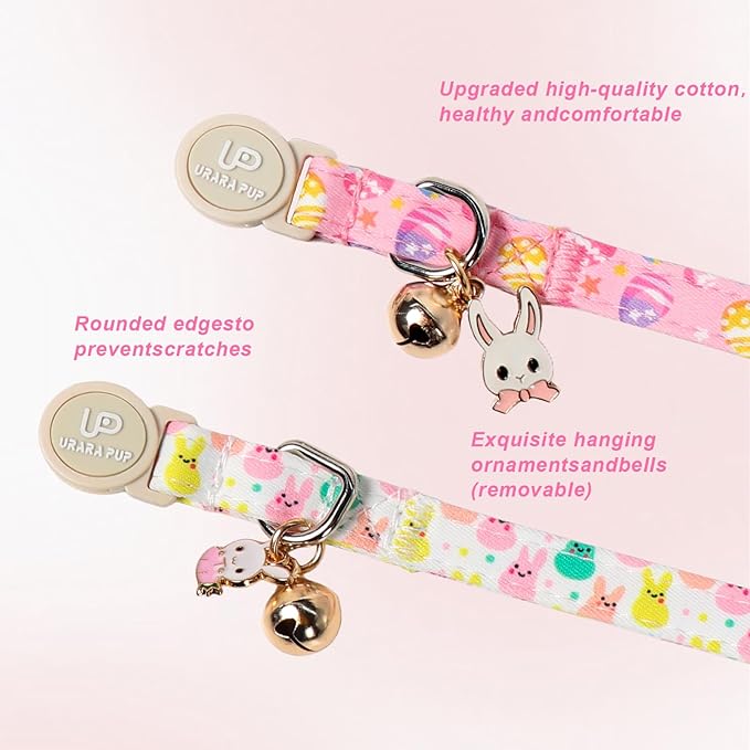 Cat Collar,2Pack Easter Day Cat Collars Cute Breakaway Kitty Collars,Spring Pink Easter Eggs Cat Collar with Bell, Cute Bunny Kitten Collars with Safety Buckle for Girl & Boy Cats