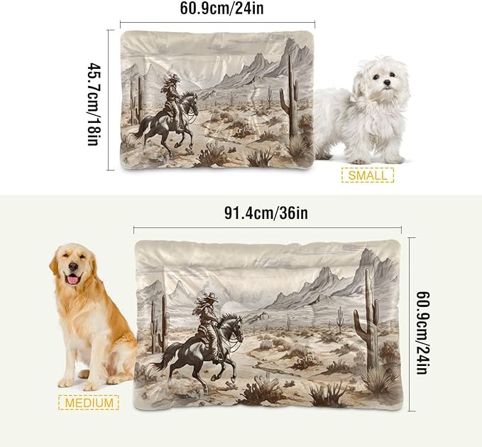 Western Desert Cowboy Dog Bed Cat Bed with Non-Slip Bottom, Kennel Bed Crate Soft Pet Bed Mattress Washable Pets Bed Pad for Small Medium Large Dogs Cats,18x24in