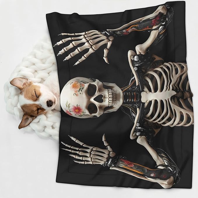 Waterproof Dog Blanket Soft Pet Blanket for Puppy Cat, Fleece Cat Throw Blankets for Furniture Bed Couch Sofa Reversible - Cyber Skeleton with Tattoos