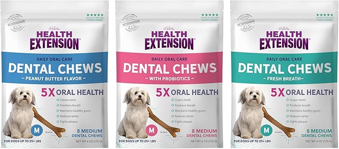 Health Extension Dog Chew Bone Treats Bundle - Peanut Butter, Fresh Breath, Probiotic Flavors (8 Medium Bones) - Tasty and Functional Chews for Healthy Dogs