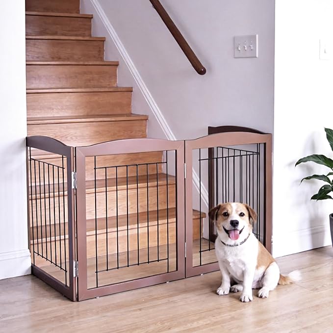 ZJSF Freestanding Foldable Dog Gate for House Extra Wide Wooden Brown Puppy Gate Stairs Dog Gates Doorways Tall Pet Gate 32 "Height 6 Panels Pet Fence
