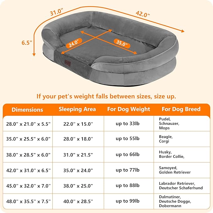 Dwanton Orthopedic Dog Bed for Large Dogs with Gel Memory Foam, Waterproof Dog Sofa, Washable Pet Bed with Four Sided Bolster Cushion, Removable Cover & Non-Slip Bottom, 42", Medium Gray