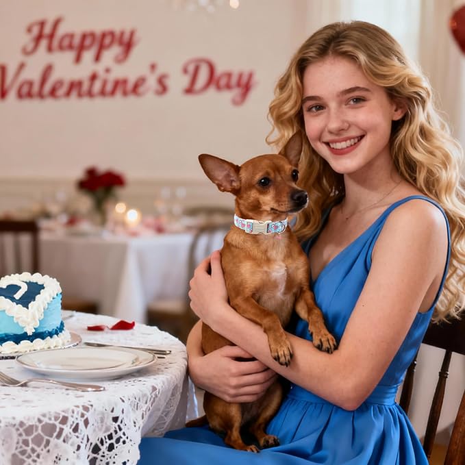 DOGWONG Blue Heart Dog Collar, Cute Valentine Collar, Valentine's Day Dog Collar with Strong Plastic Buckle for Small Medium Large Dogs,M