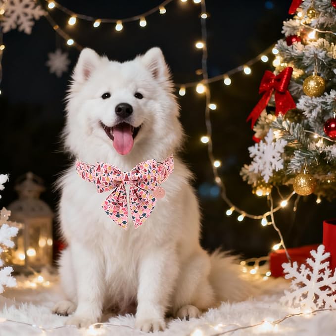 Christmas Dog Collar with Bow Tie, Pink Christmas Tree Collars for Dogs, Adjustable Pet Collar with Cute Xmas Tree Pendant, Winter Dog Accessories for Small Medium Large Dogs L