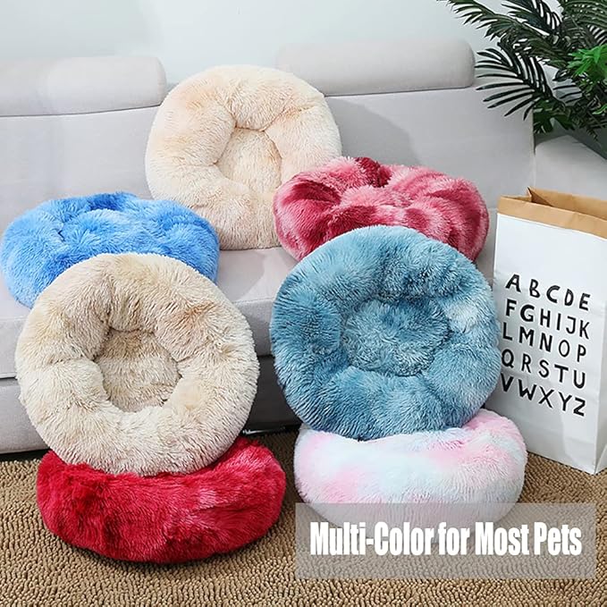 Calming Faux Fur Dog Beds Calming Donut Cuddler Dog Bed Washable Round Cat Bed Pillow Cuddler Fluffy Indoor Dog Calming Beds with Anti Slip Bottom Solid Color Blue 27 Inch