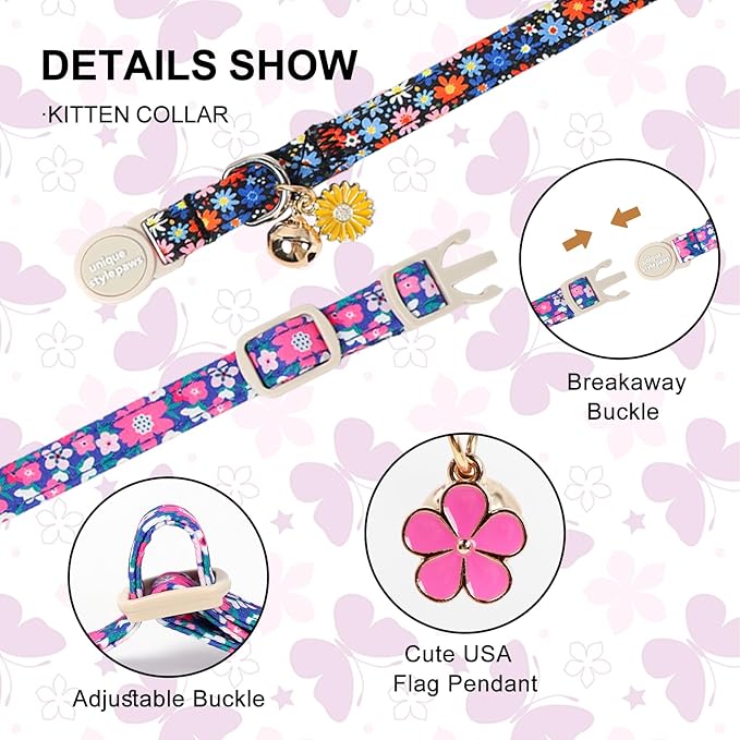 Unique Style Paws Blue Flower Cat Collar,Flower Cat Collars,Blue Kitten Collar Breakaway Buckle,Adjustable Spring Summer Puppy Collar,Ideal Gift for Boy Girl Cats