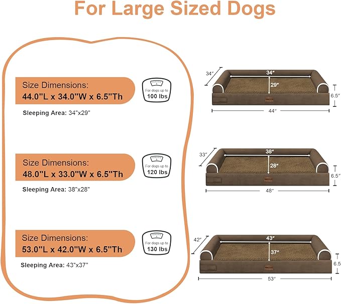 Large Dog Bed Orthopedic Washable: Beds Bolster XXL Bed Big XLarge Dogs Egg Crate Foam Sofa Couch Waterproof Removable Cover - Dark Coffee