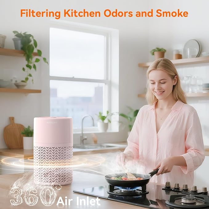 AIRROMI Pets Air Purifier for Home Allergies,Up to 660 ft². HEPA Deodorizing Activated Carbon Filter,With Fragrance Sponge for Better Sleep,Night Light,Pet Dander,Smoke,Odors,Air Cleaner A2002 Pink