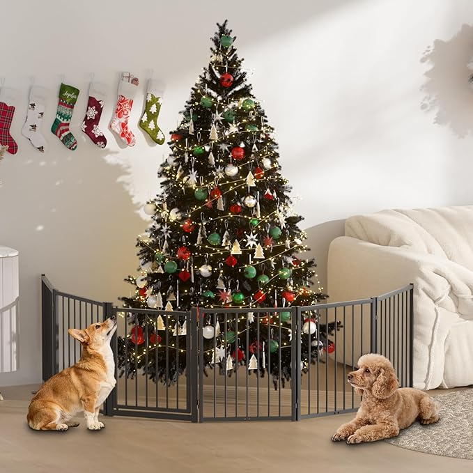 Full Metal Freestanding Dog Gate with Door, 24'' Height Foldable Pet Dog Fence for Indoor & Outdoor, 6 Panels Extra Wide Free Standing SmallDog Gates for Doorways,House,Stairs,Porch,Deck,Yard