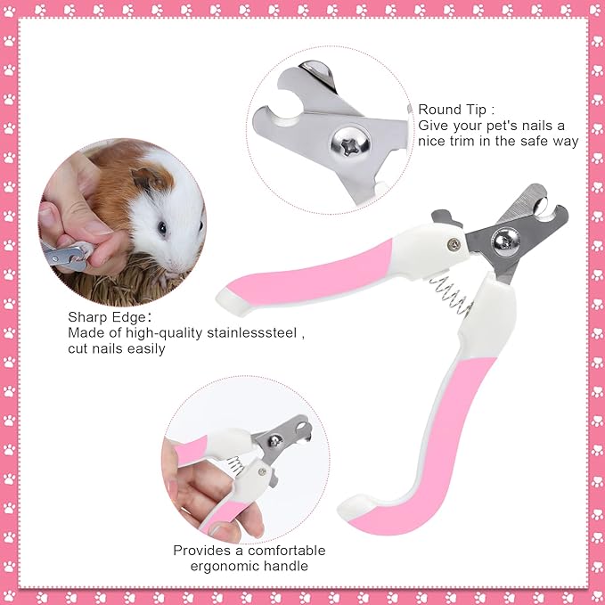 Rabbit and Small Pet Grooming Kit - Slicker Brush, Massage Glove, Nail Clipper, Flea Comb, Double-Sided Brush for Rabbits, Guinea Pigs, Hamsters (Pink)