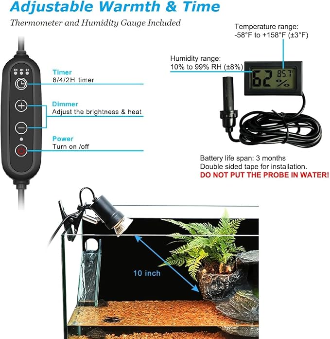 DOMICA Dimmable Reptile Heat Lamp with Timer + 50W UVA UVB Light Bulb, Tortoise Basking Spot Light, Heating Lamp for Turtle, Lizard, Snake, Beared Dragon, Bird Cage