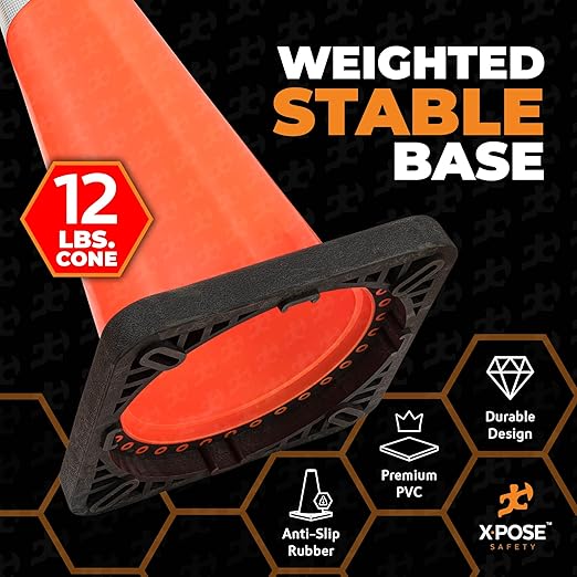 Xpose Safety 36 Inch Orange Traffic Cones Heavy Duty 12lb 6" & 4" Collar - Bulk Half Pallet 125 Pack - Multipurpose PVC Plastic Safety Cone Parking, Soccer, Caution & Construction - DOT Approved
