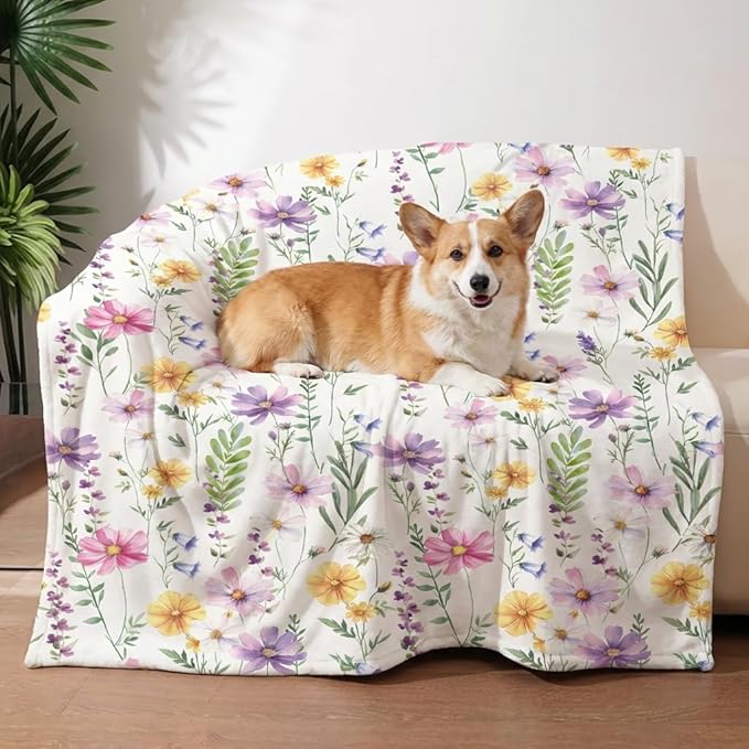 Horaldaily Pets Flannel Blanket, Spring Summer Watercolor Wildflowers Soft Fuzzy Fluffy Plush Cozy Fleece Premium Blankets for Dog Cat Puppy Kitten Couch Protection, 16x23
