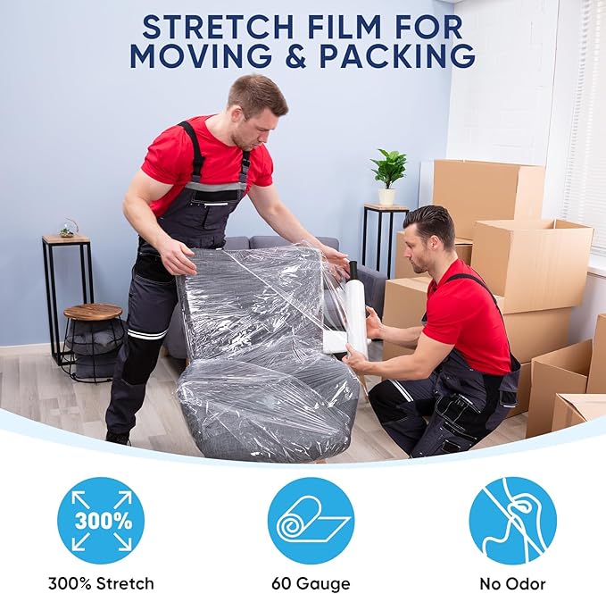 TICONN Stretch Wrap Stretch Film Roll, 1000ft Industrial Strength 15 inch Wide Clear Plastic Wrap with Handles for Pallet Wrapping Shipping Moving