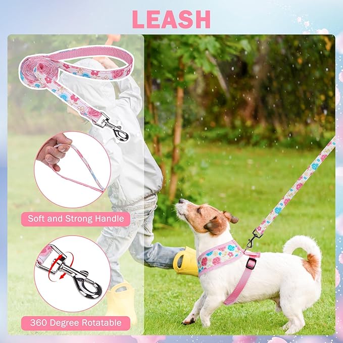 SCENEREAL Small Dog Harness Collar and Leash Set, Adjustable No Pull Pet Harnesses, No Chock Soft Mesh Vest for Doggie Puppy Medium Dogs Cats Girl or Boy,Chihuahua, Yorkie, Outdoor Walking