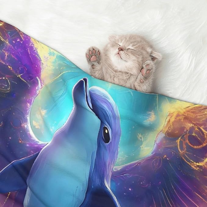 Waterproof Dog Blanket Soft Pet Blanket for Puppy Cat, Fleece Cat Throw Blankets for Furniture Bed Couch Sofa Reversible - Colorful Winged Dolphin