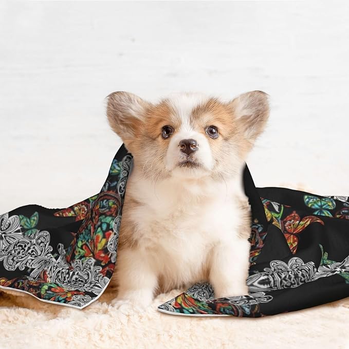 Double Sided Plush Pet Blanket with Cozy Dot Texture and Smooth Reverse, Butterflies Mandala Rainbow Art Black and White, Reversible Throw for Dogs Cats on Couches Beds Crates