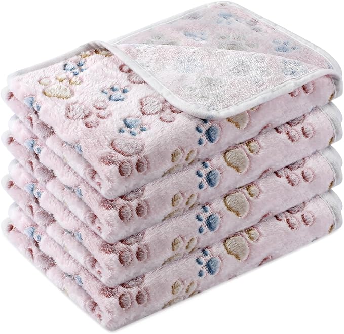 Tatuo 4 Pcs Dog Blanket for Pet Cat Blankets Indoor Puppy Teething Stuff Toys Paw Print Fleece Soft Blanket Sleep Mat for Guinea Pig Cage(Beige,X-Large(41 x 30 Inch),Square)