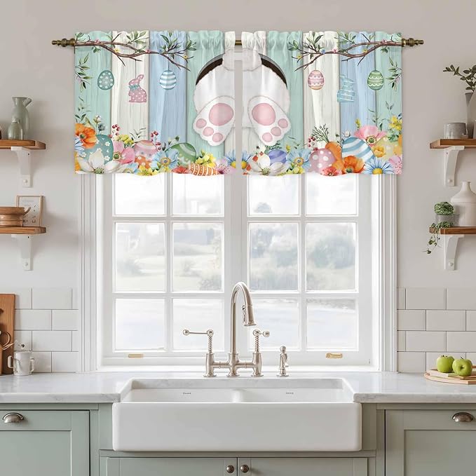 Easter Kitchen Tier Curtains 24 Inch Long 2 Panel Set, Rod Pocket Cafe Small