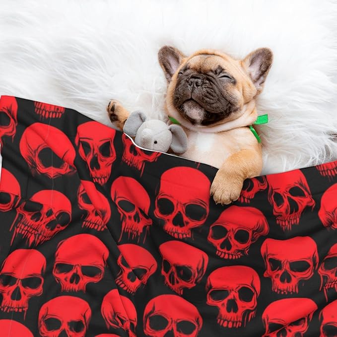 Dog and Cat Blanket in One, Red Blood Vintage Skull, Double Sided Plush Throw with Raised Dot Pattern on One Side and Flat Velvet on Other for Variety