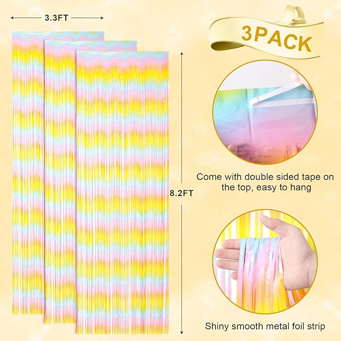 3 Pack 3.3 x 8.2 ft Pastel Rainbow Foil Fringe Backdrop Curtains, Tinsel Streamers Birthday Party Decorations, Fringe Backdrop for Graduation, Baby Shower, Gender Reveal, Disco Party