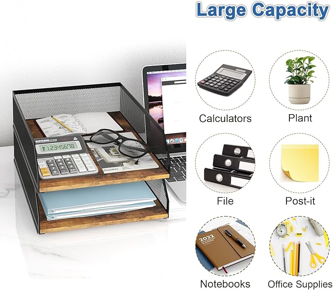 Natwind 2-Tier Stackable Paper Tray, Metal Mesh Desktop Organizer, Wood Board Paper Sorter, Letter Trays,File Document Storage Rack for for Home, Office, School (Retro)
