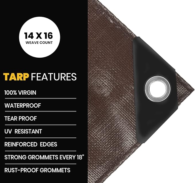 PROTARP Extra Heavy Duty 16 Mil Tarp Cover, Waterproof, UV Resistant, Rip and Tear Proof, Poly Tarpaulin with Reinforced Edges for Roof, Camping, Patio, Pool, Boat. (Brown/Black 24′ X 24′)