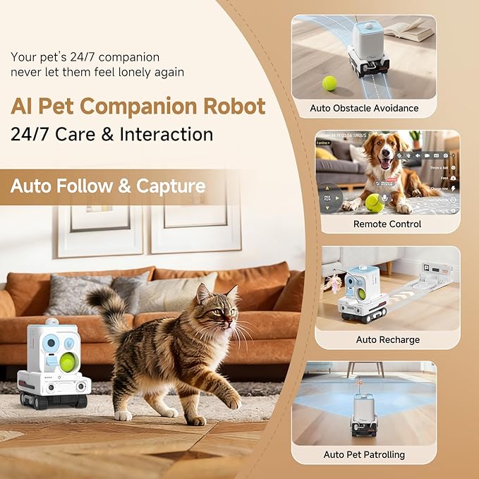 Pmate AI Pet Robot Companion for Dogs & Cats, with Visual Recognition, Remote Video Interaction, Auto Feeding & Play, Red Light Teaser, Night Vision, Auto Charging, Blue
