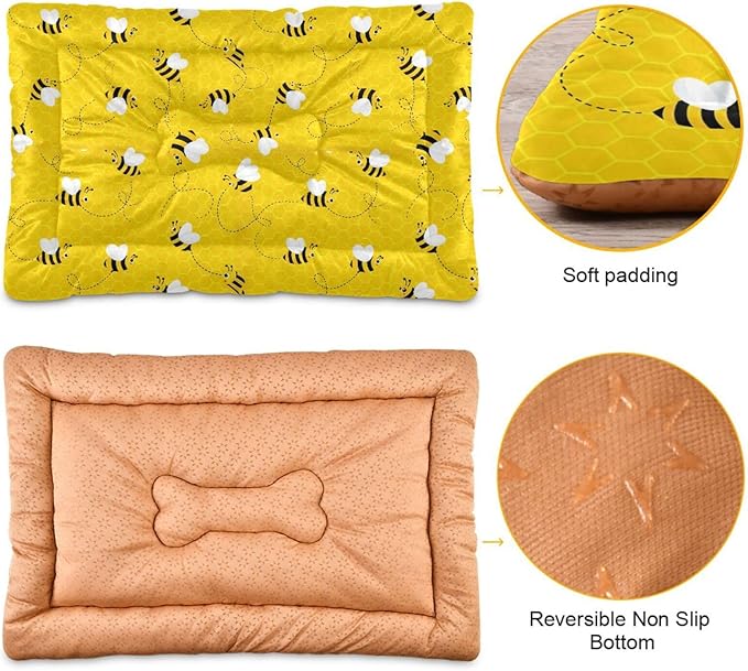 Emelivor Bees Yellow Dog Cat Bed Washable Crate Pet Bed Anti-Slip Comfortable Durable Dog Crate Bed for Large Medium Small Dogs Cat, 24x18in