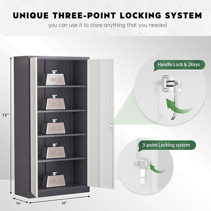 Greenvelly Metal Garage Storage Cabinet, Tall Locking Storage Cabinet with 2 Doors and 4 Adjustable Shelves, Steel Tool Cabinet, Lockable Filling Cabinet for Home, Office, Garage, School (Gray White)