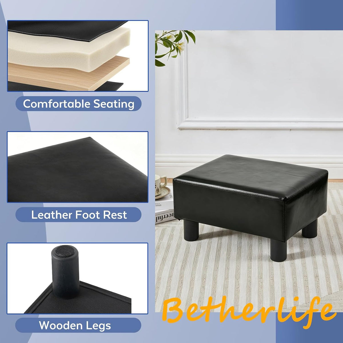 Small Foot Stool Ottoman, Faux Leather Footstool Ottoman Foot Rest for Couch, Rectangle Footstools and Ottomans Small for Living Room, Entryway and Bedroom (Black)